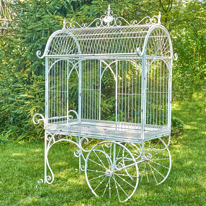 Large Antique White Metal Flower Cart with Curved Roof