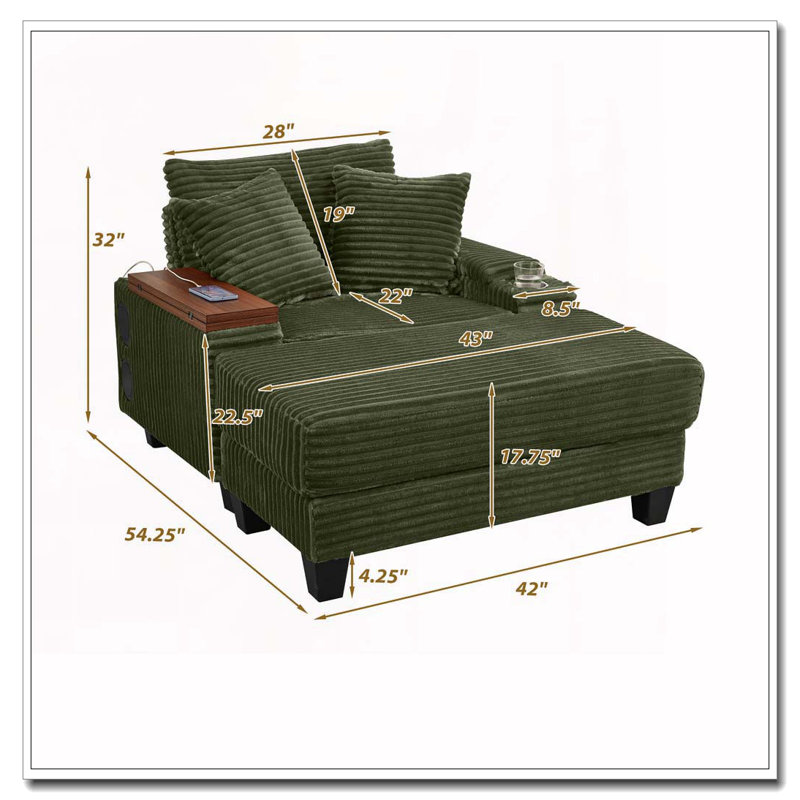 Fauteuil en velours côtelé avec repose-pieds, porte-gobelet, haut-parleur Bluetooth, ports USB, tableau pivotant à 180 °