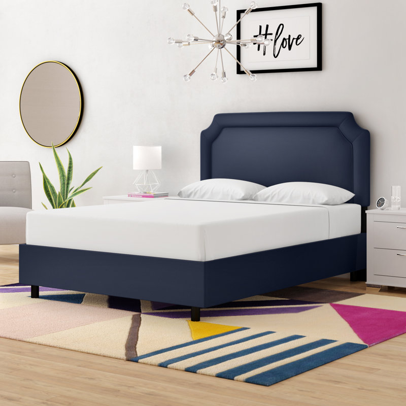 Lit tapissier standard Lockington, Lit double, Lin bleu marine classique