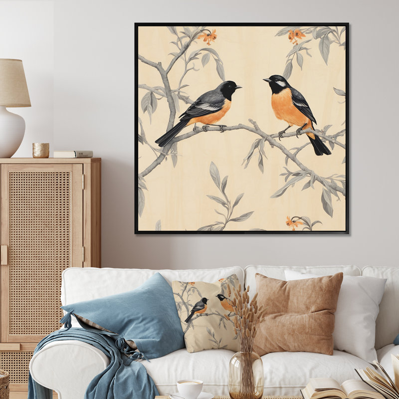 «Orange Black Birds On Trees II», reproduction sur toile encadrée, Cadre flottant noir, H 24 po x l 24 po x P 1 po