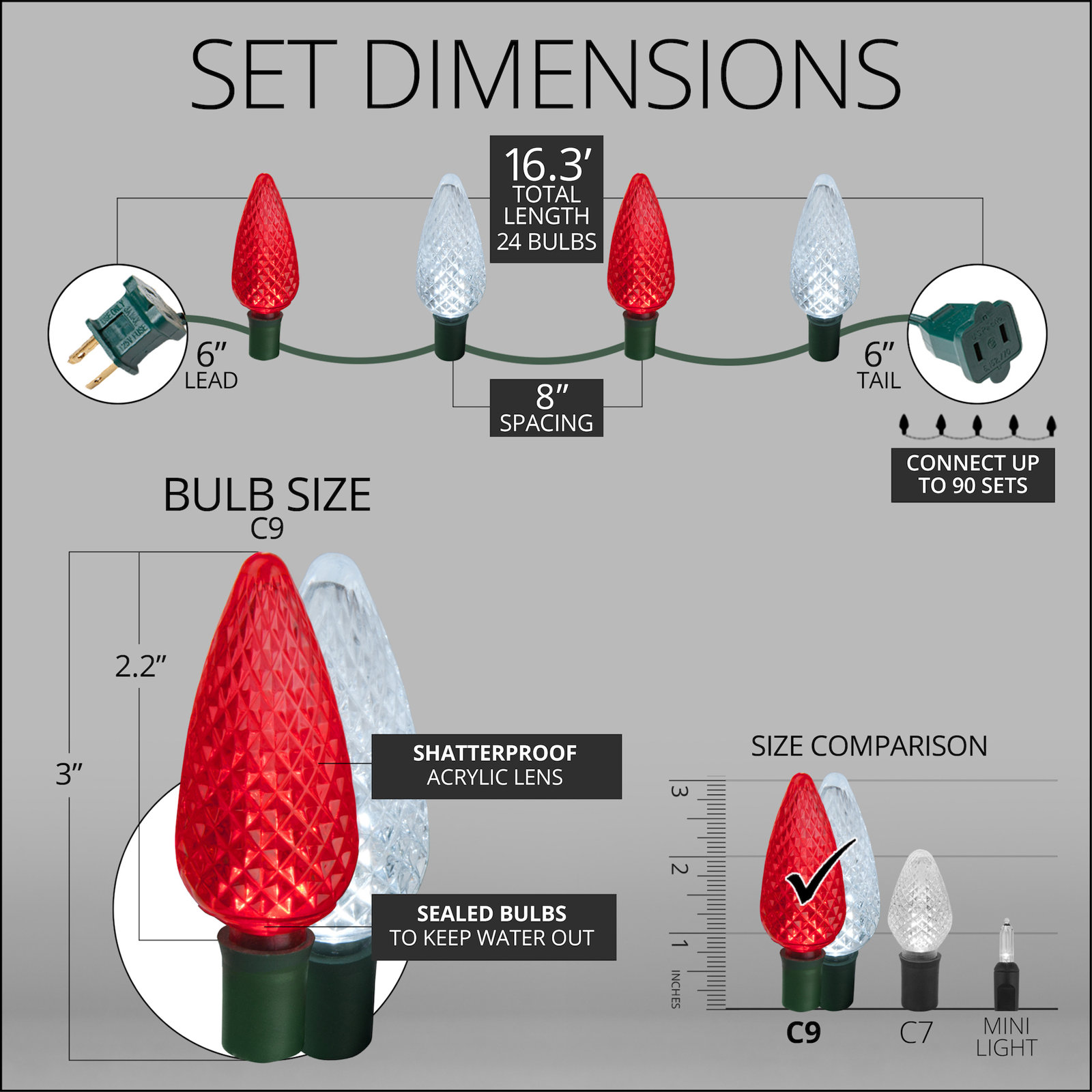 C9 LED Christmas String Lights, Red/Cool White, 16.3' L, 24