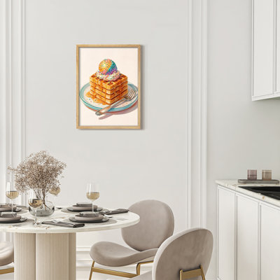 Sweet Dessert Waffles Illustration Framed Wall Art Prints - Waffles with ice cream and syrup, for kitchen or dining room