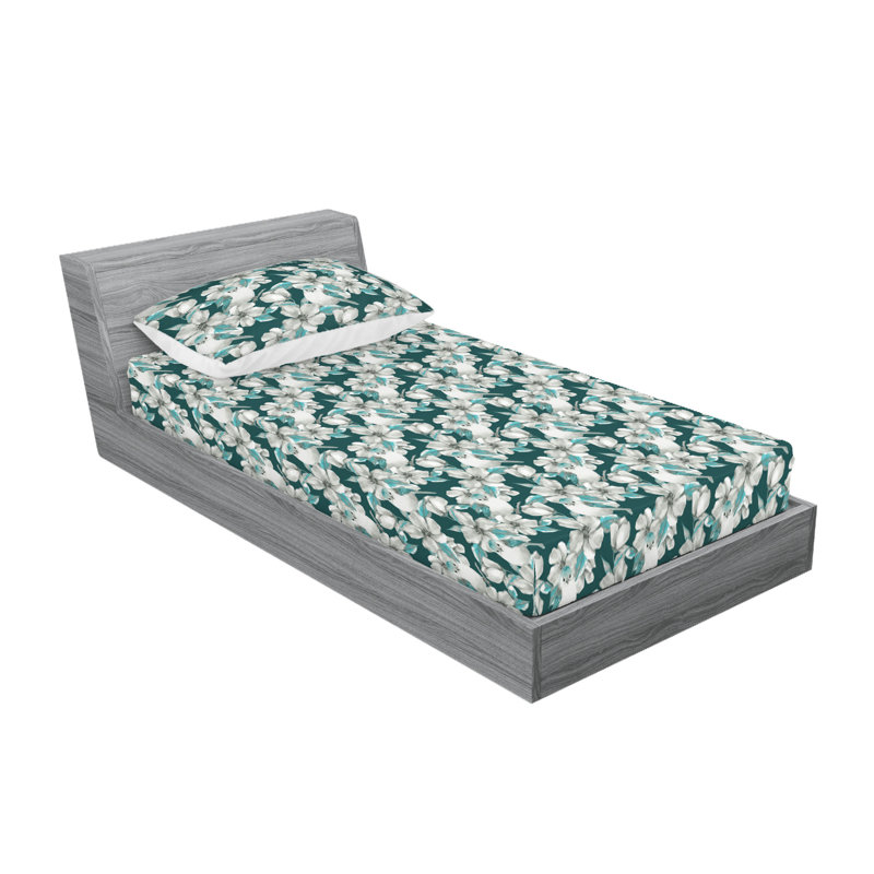 Ambesonne Fitted Sheet & Shams, Twin XL Sheet Set with 1 Pillowcase, Green/Pale Gray Floral