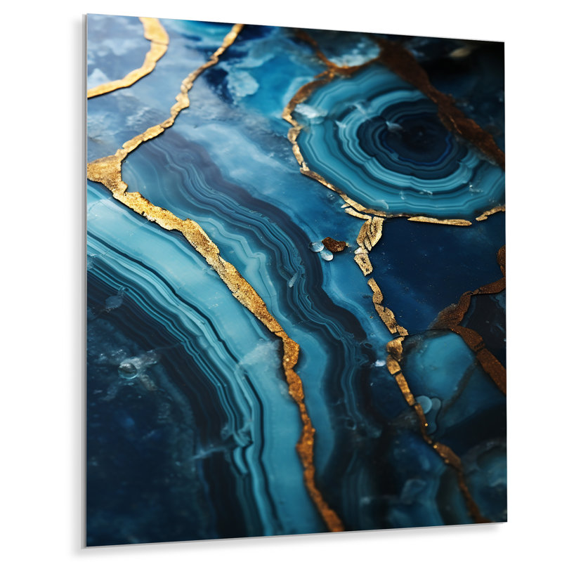Art mural bleu sarcelle Agate Waves of Glam Gold I, Métal métal, H 20 po x l 12 po