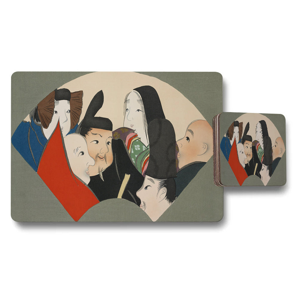 Placemat and Coaster Set With Traditional Asian Portrait Artwork Circle Motif
