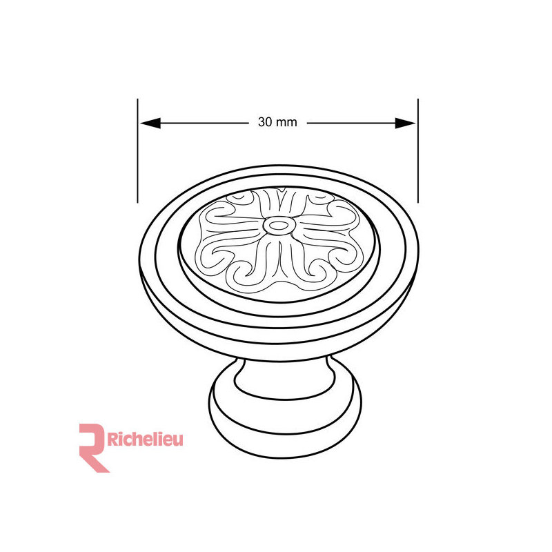 Poignée ronde Louis XV, H 1,2 po x L 1,1875 po x l 1,1875 po