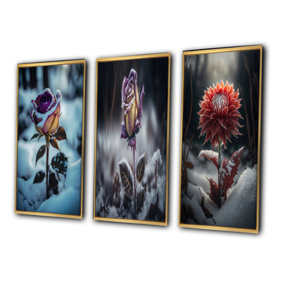 " A Blooming Purple Rose Flower In Winter " 3 - Pieces