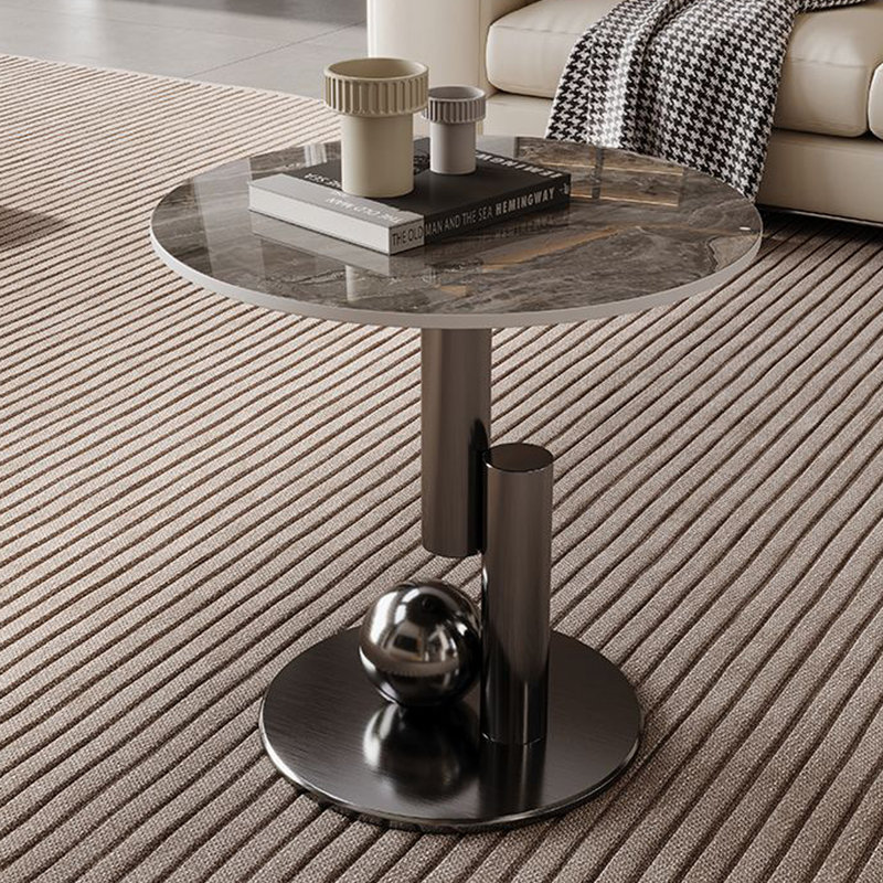 Ensemble de tables basses rondes en fritté gris + acier inoxydable + bois massif, H 19,69 po x l 45,28 po x P 29,53 po