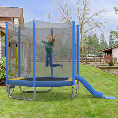 7FT Trampoline For Kids With Safety Enclosure Net, Slide And Ladder, Easy Assembly ,Regular Hexagon Outdoor Recreational Trampoline, Blue