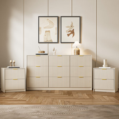 Ensemble de chambre à coucher 3 pièces, commode 9 tiroirs et ensemble de table de chevet 2 pièces