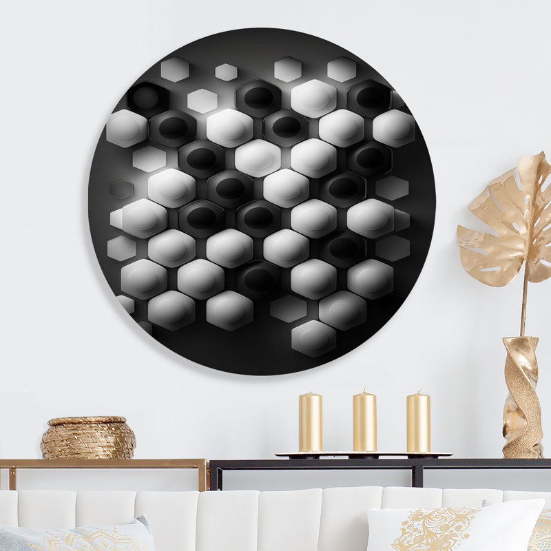 Abstrait géométrique noir et blanc III - Art mural rond abstrait géométrique sur métal, L 29 po x H 29 po