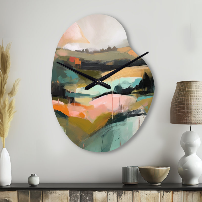 «Green and Pink Transcendant Reality» - peinture abstraite, horloge asymétrique en métal, horloge murale, Small