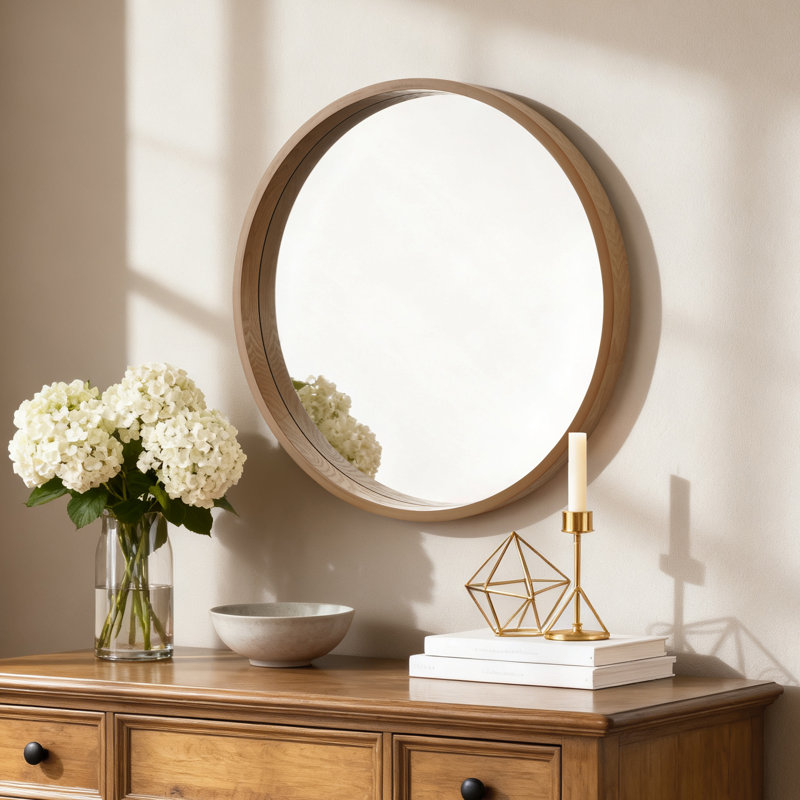 Miroir mural rond à cadre en bois - cadre épais de 2,5 pouces, Natural, 28" x 28"