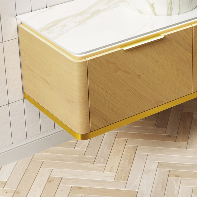 Comptoir de 48 po en bois fritté blanc de Carrare mural et armoire en contreplaqué de grain de bois de chêne Corolla, sans bassin, sans couvercle de robinet et d'évier