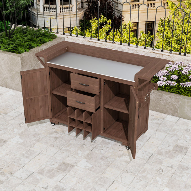 Chariot de cuisine roulant en bois de sapin avec plateau en acier inoxydable, support à vin et tablettes réglables, Brun