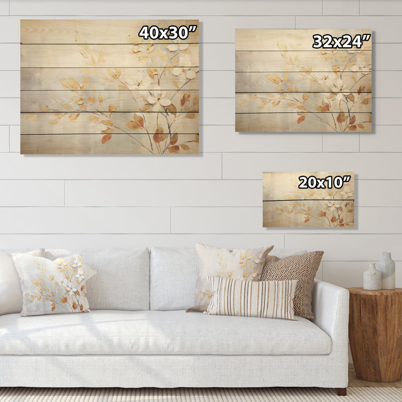 Délice de jardin blanc et doré - Plantes, art sur bois de pin naturel, H 10 po x l 20 po