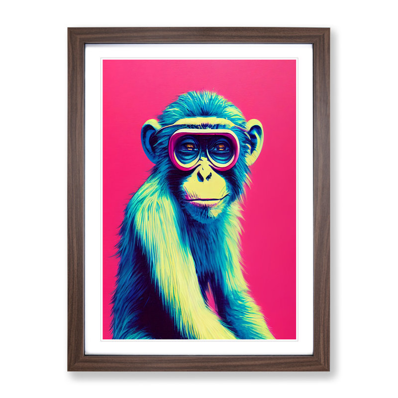Colourful Monkey - Single Picture Frame Print, 46cm H x 34cm W x 2cm D, Walnut
