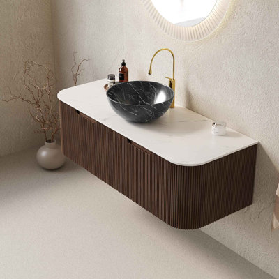 Meuble-lavabo de salle de bain avec lavabo, armoire de rangement de salle de bain murale à bordures courbes et flottantes avec tiroir, cuve en céramique avec motif de pierres, pré-assemblé