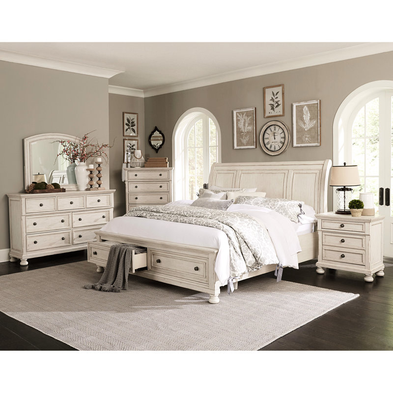 Table de chevet transitionnelle à 2 tiroirs - Mobilier de chambre à coucher en blanc antique