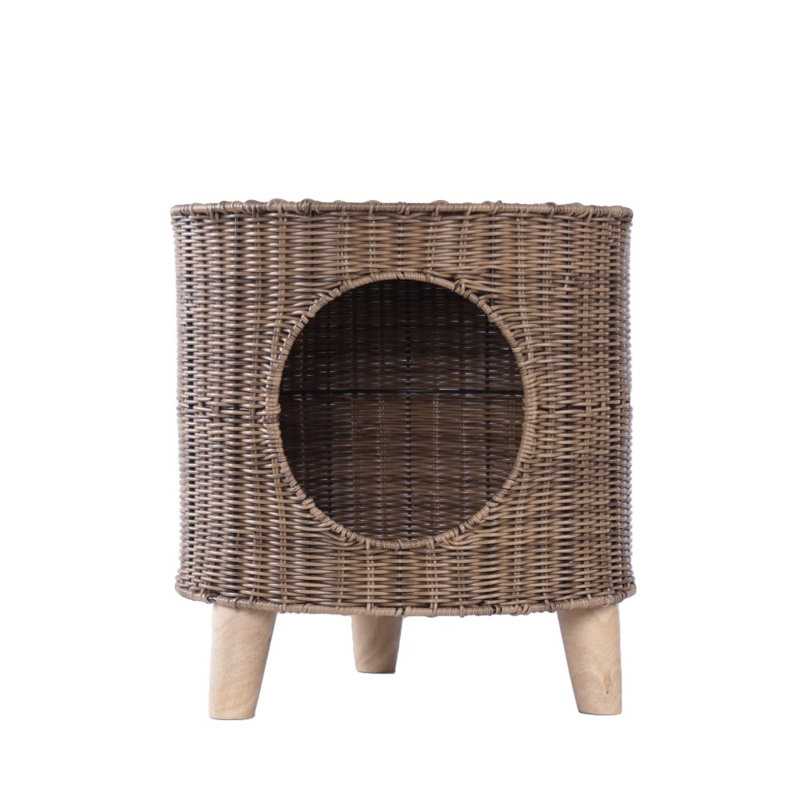 Maison de chat fermée en osier, maison de chat en rotin avec pieds en bois surélevés et coussin amovible, intérieur pour chats et petits chiens