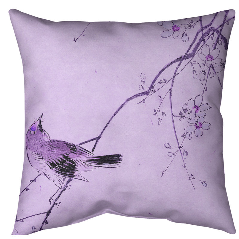 Coussin décoratif aquarelle japonaise oiseau et fleurs, 16 po x 1 po, Duvet synthétique, Mauve