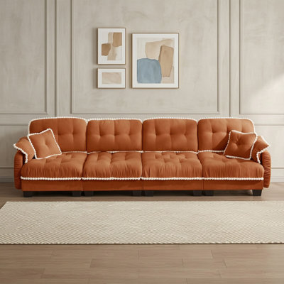Four Seat Chenille Upholstered Sofa with Quilted Tufted Cushions, Pom-Pom Trim, Matching Pillows for Living Room