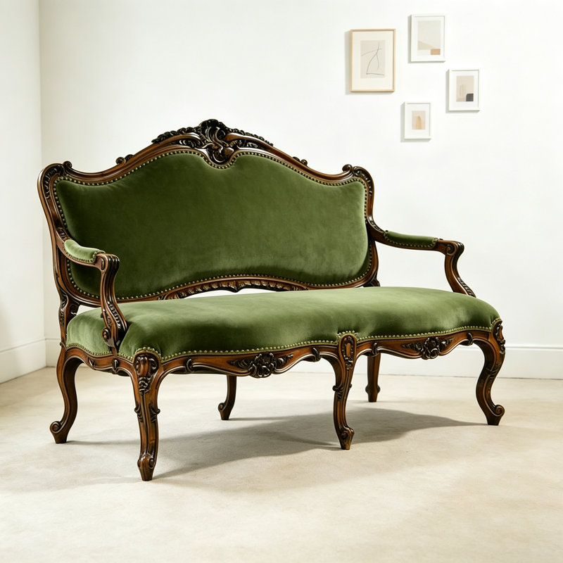 American-style Solid Wood Carved Green Sofa