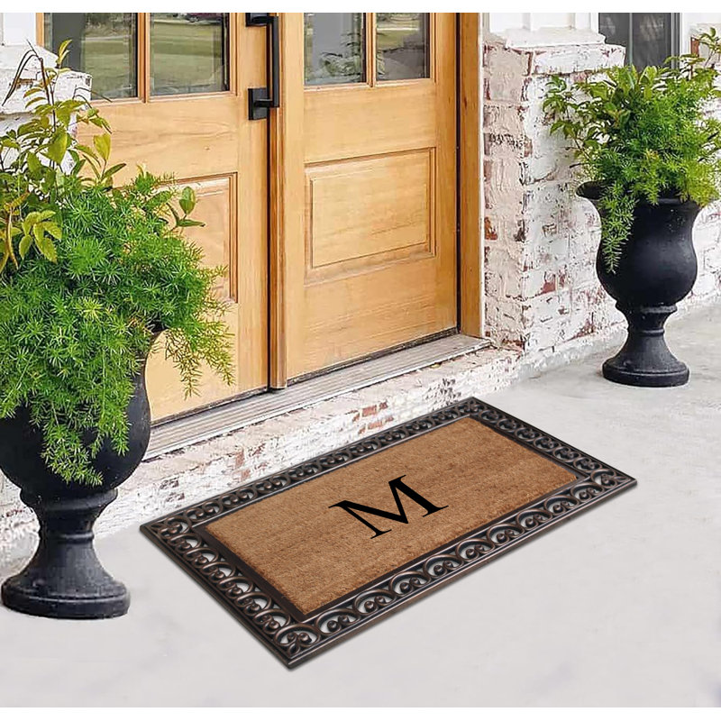 Butterfield Paisley Border Monogrammed Coir & Rubber Doormat, 30" x 48" – Heavy-Duty, Fade-Resistant Outdoor Mat in Bronze, M