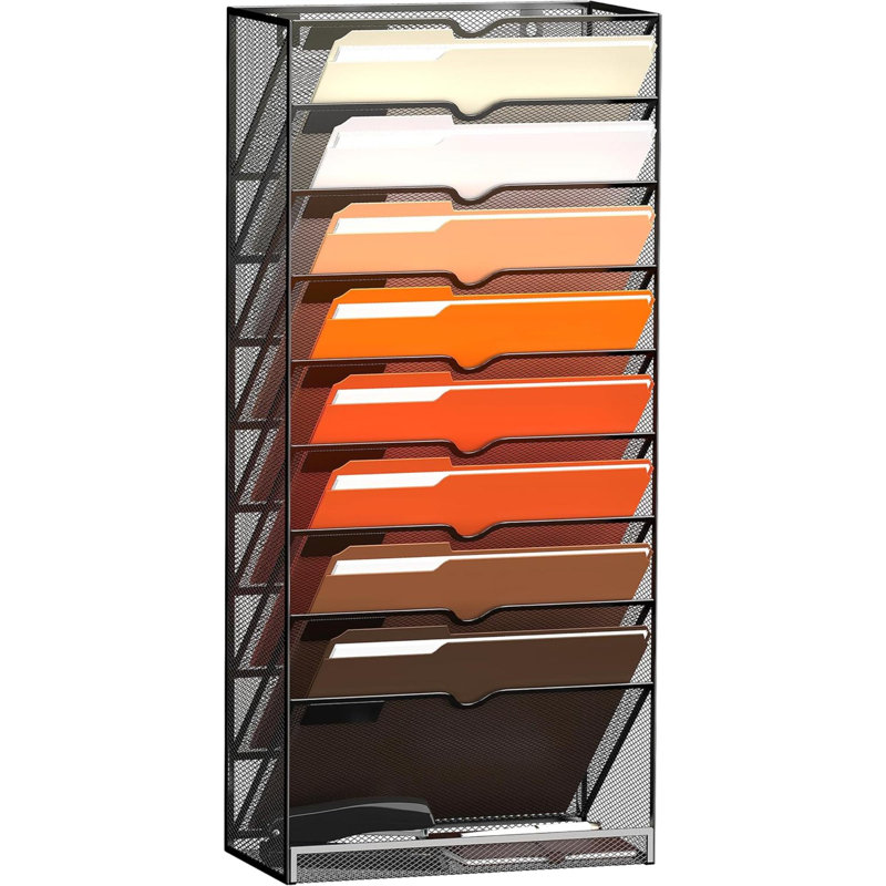 10-Tier Wall File Organizer Hanging Wall File Holder For Papers, Folders, Files Clipboard & Magazine Organization Great For Office Home, Black
