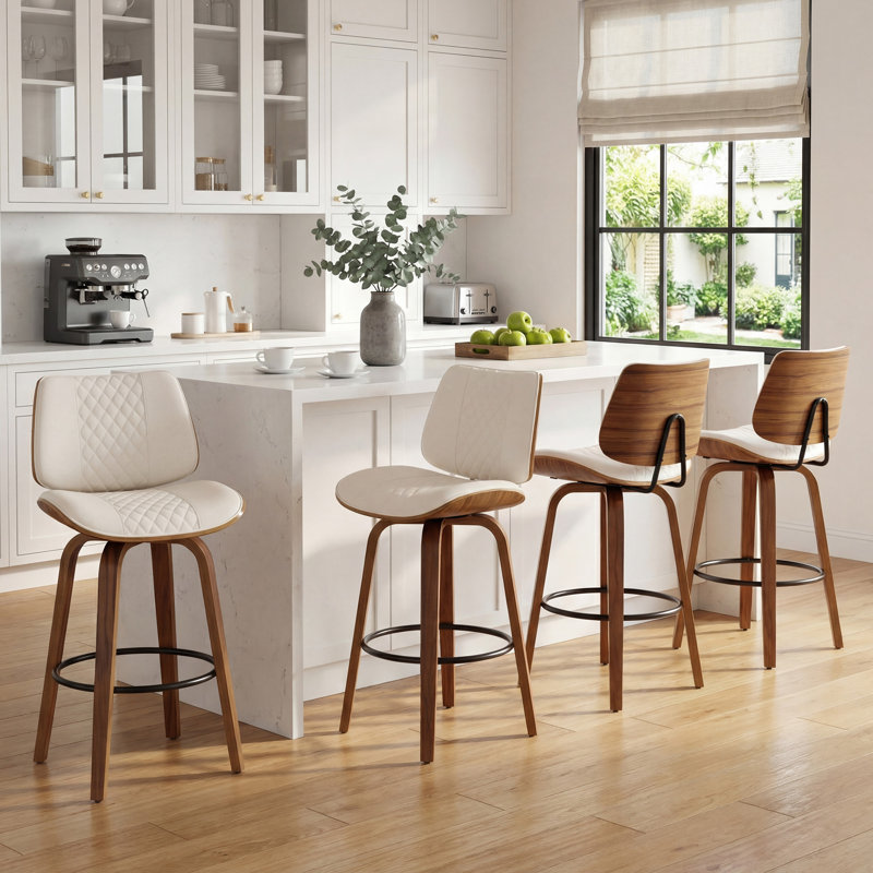 27.7" Mid-Century Faux Leather Counter Stool With Wood Legs and Metal Footrest, Beige