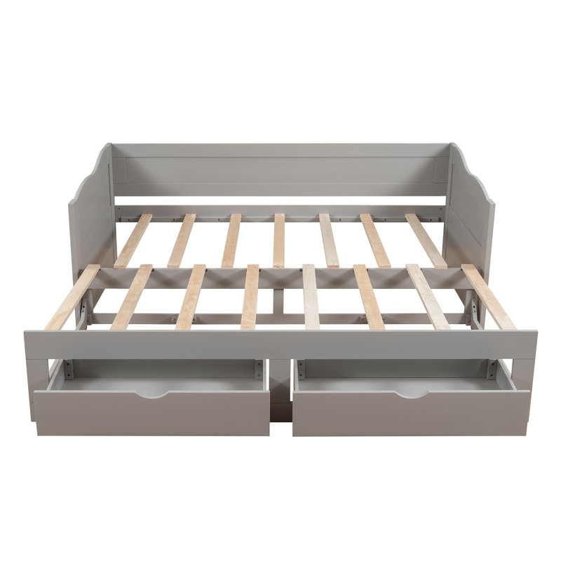 Wooden Extendable Daybed with Trundle & 2 Storage Drawers – Sofa Bed for Guest Room & Kids Room, Gray, Gray