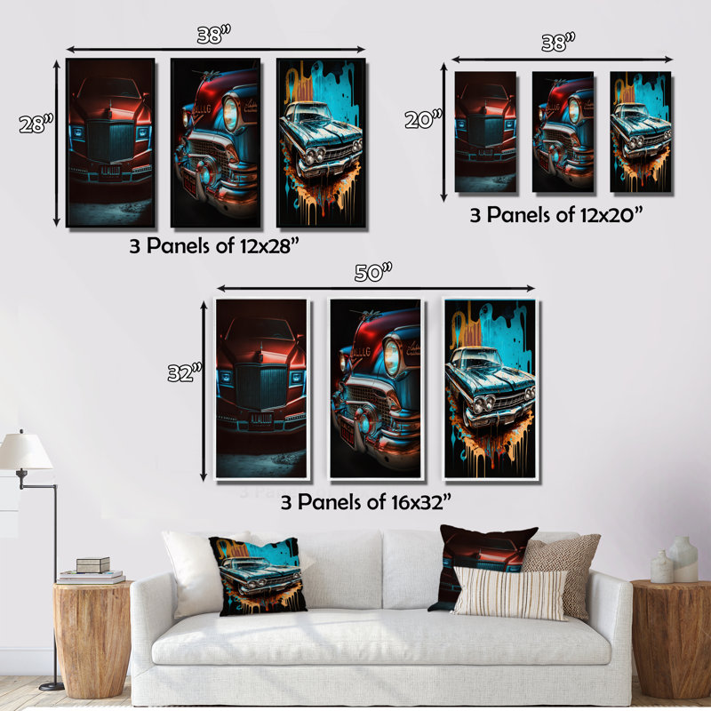 «Red and Silver Expressions Of Classic Cars», 3 pièces sur toile, Cadre naturel flottant, H 40 po x l 60 po