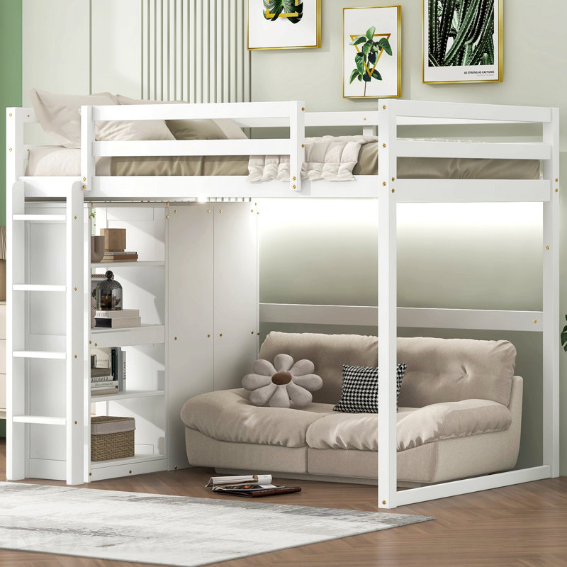 Lit mezzanine double en bois avec garde-robe intégré et tablettes de rangement, lumière DEL, blanc