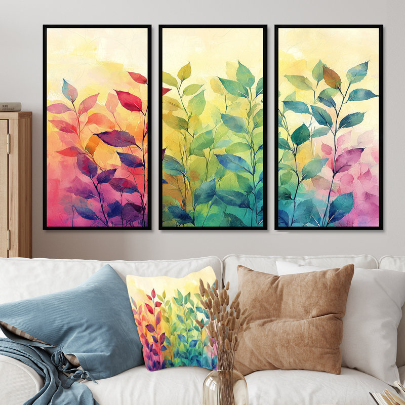 Neon Plants Pop Art - Art mural sur toile Herbs - 3 panneaux, H 28 po x l 36 po, Impression encadrée sans passe-partout, Noir