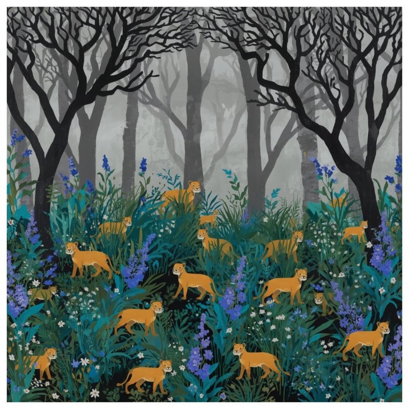 Tapisserie murale «Lions In Misty Forest» - Décoration murale faune, H 104 po x 88 avec 4 œillets