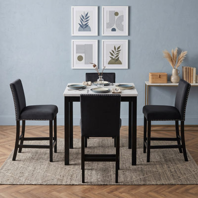 Luxurious 5-Piece Counter Height Dining Set with Faux Marble Tabletop and Velvet Upholstered Chairs