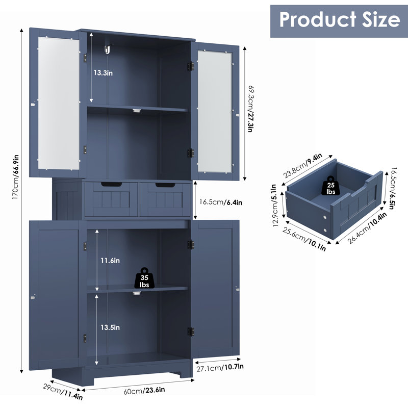 Armoire à linge avec 2 tiroirs l 23,6 po x H 67 po x P 11,4 po Hunsberger, Bleu Égée