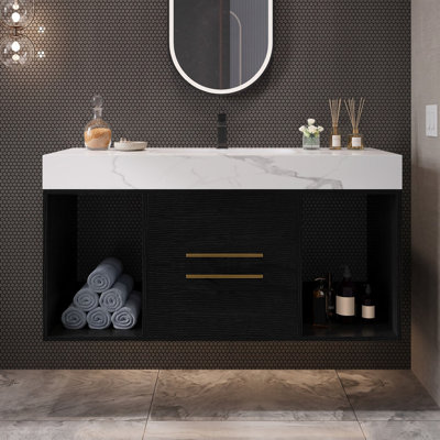 Meuble-lavabo suspendu de 100 cm (39,4 pouces) avec lavabo en céramique, armoire de rangement moderne avec 2 tiroirs et deux compartiments de rangement et poignées en métal