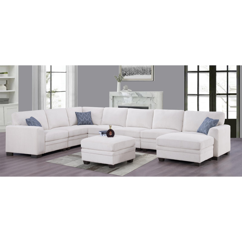 Keshvi Upholstered Compression U-Shaped Sectional Reversible, Beige Corduroy