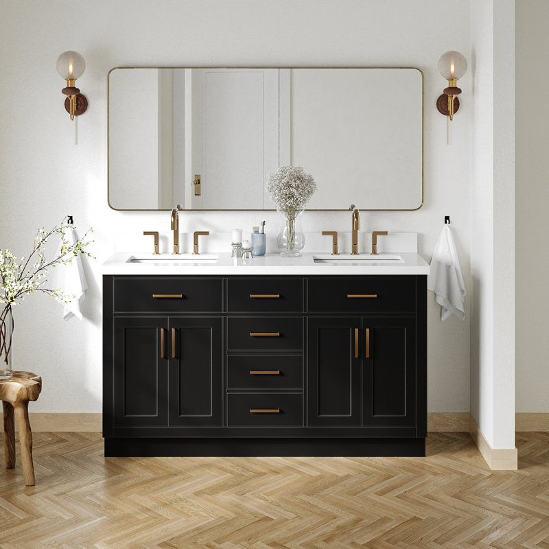 Tidworth Solid Wood Double Bathroom Vanity with 1.5'' White Quartz Top, Black / Satin Brass, Rectangular