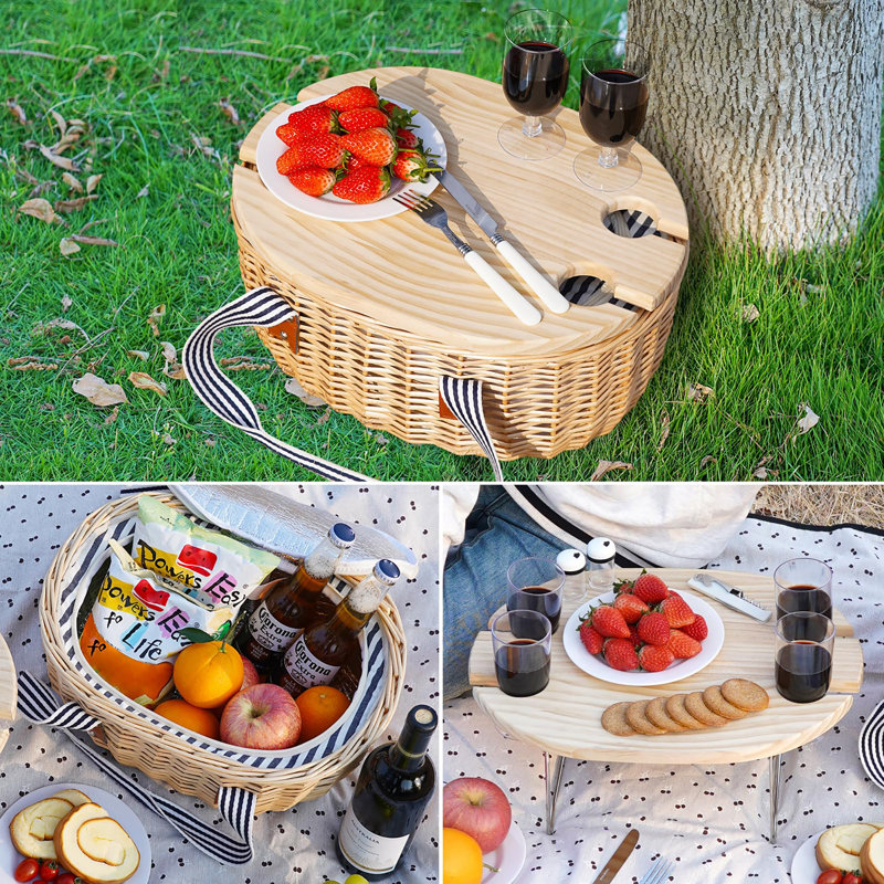 Panier de pique-nique pour 4 personnes - ensemble de pique-nique en osier avec table à vin, Bois clair