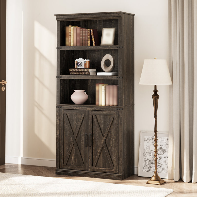 5-Tier Farmhouse Bookcase, Compact Wood Bookshelf with Open Shelves and Barn Doors, Vintage Display Storage Cabinet, Brown