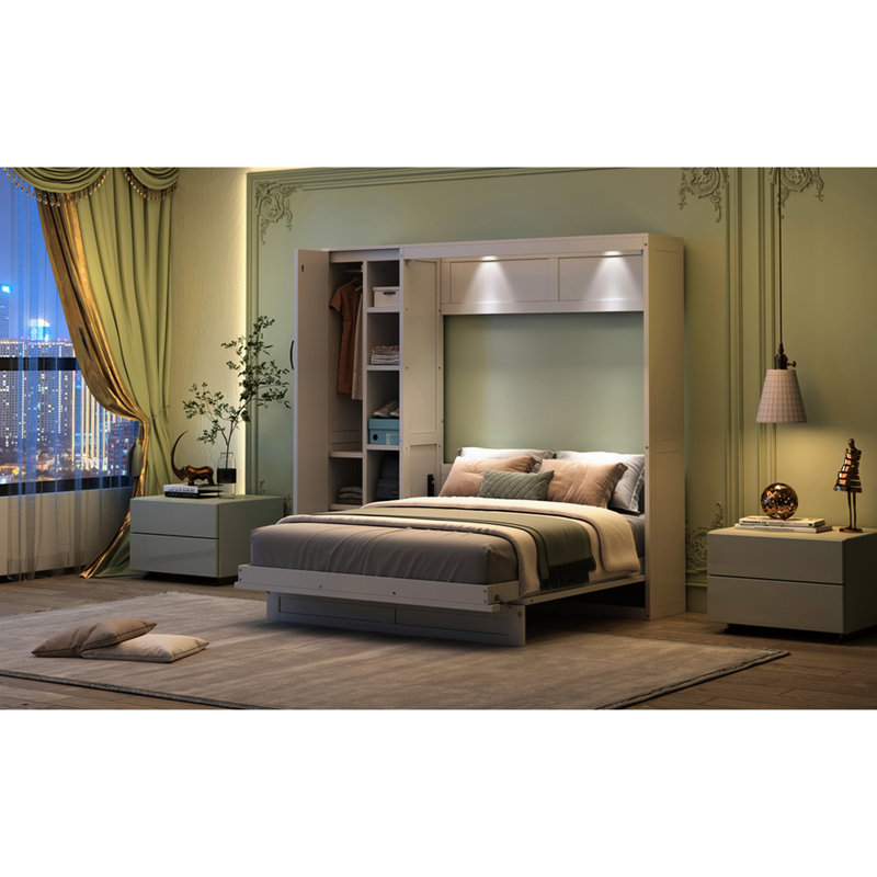 Lit double avec rangement pour tablette, garde-robe, lumières à DEL - peu encombrant pour la salle de sport, les tablettes blanches et le bureau rayonnant, chambre d'amis