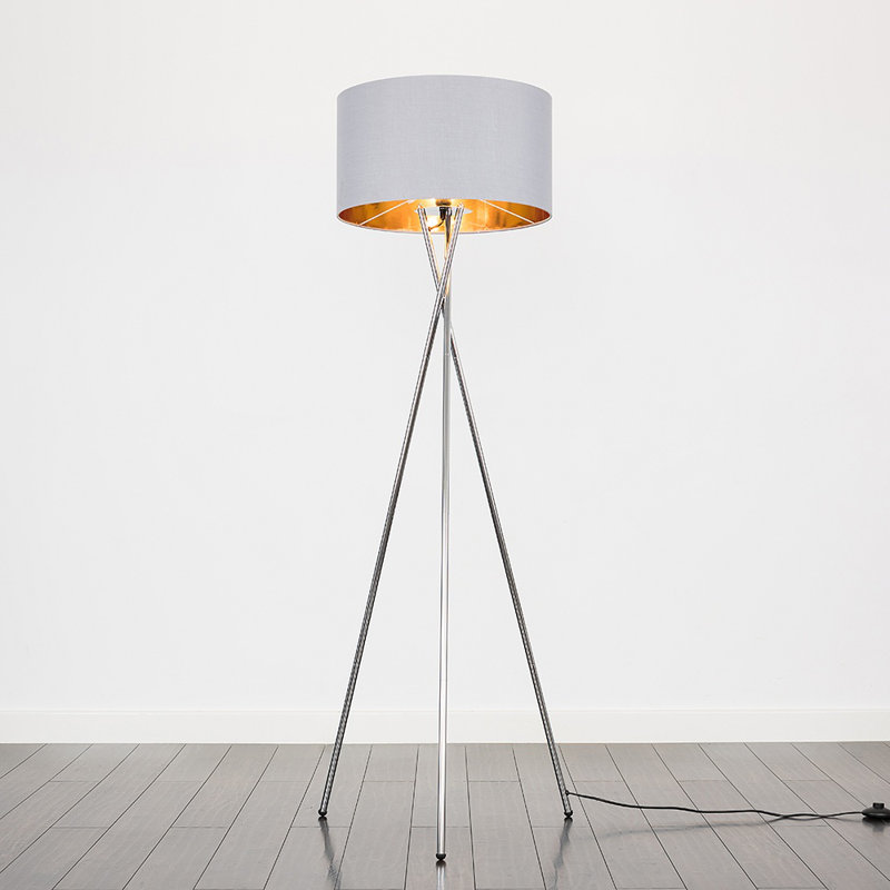 Misner 155cm Camden Tripod Floor Lamp with Large Reni Shade, No, Polished Chrome , Grey & Gold