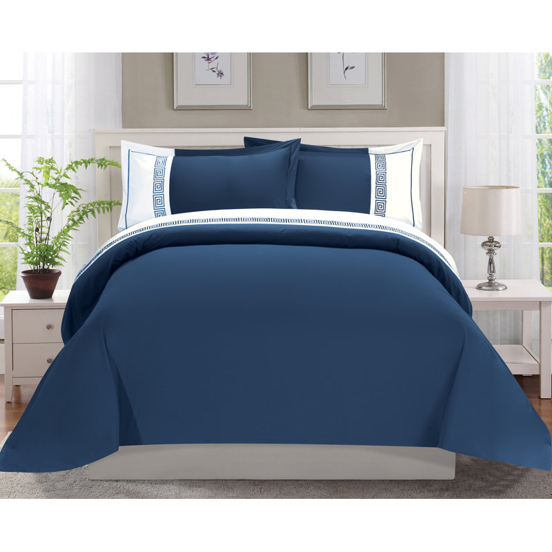  Ensemble de housse de couette réversible Greek, Housse de couette pour grand lit et 2 taies décor, Bleu marine