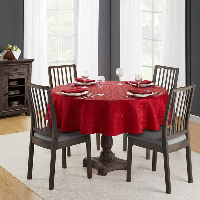 Polytetrafluoroethylene Branson Treated Jacquard Tablecloth, 70 Inch Round White, Red