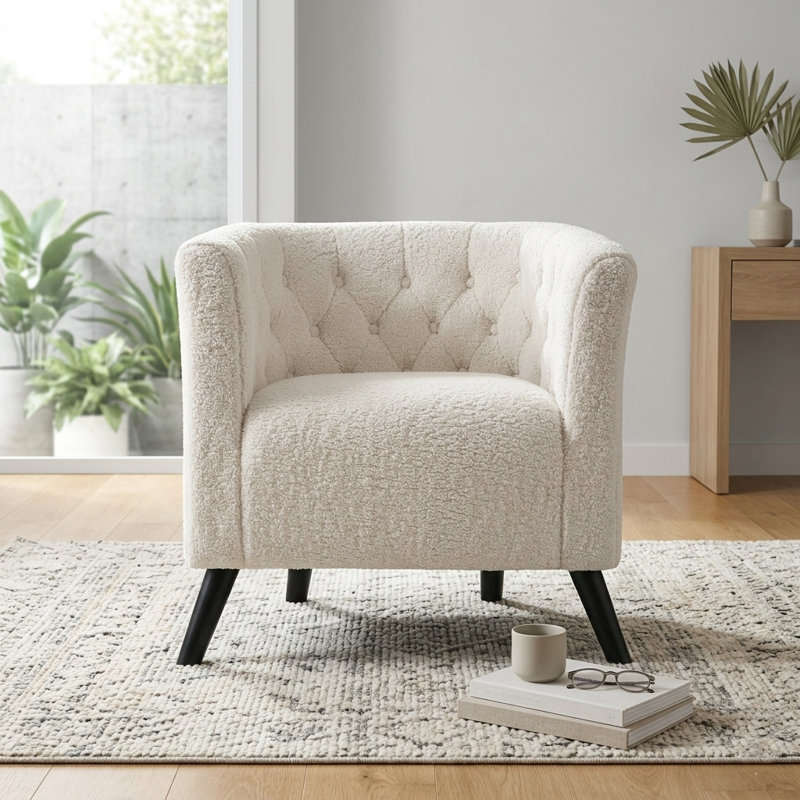 Gerdeen 26.77" Wide Tufted Velvet Upholstered Barrel Chair with Wooden Legs, 	Light Beige