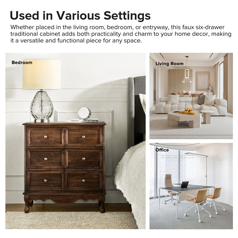 Hippe 71.12cm Wide Country Solid Wood Rectangle Accent Cabinet with Faux Six-Drawer Front Set of 2, Walnut