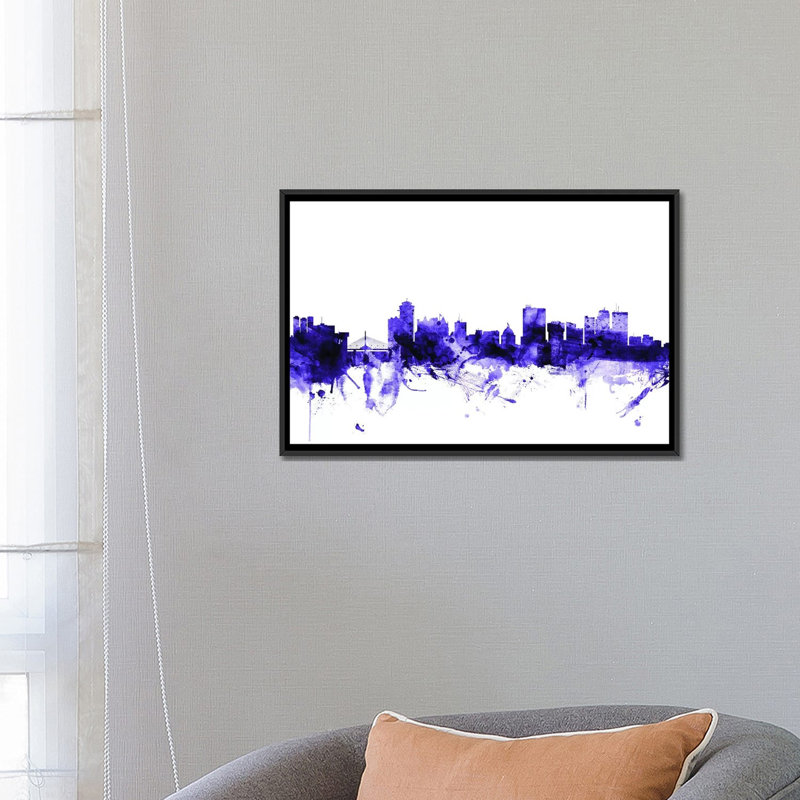 «Winnipeg, Canada Skyline» par Michael Tompsett, impression sur toile tendue, Toile avec cadre flottant noir, Pas de tapis