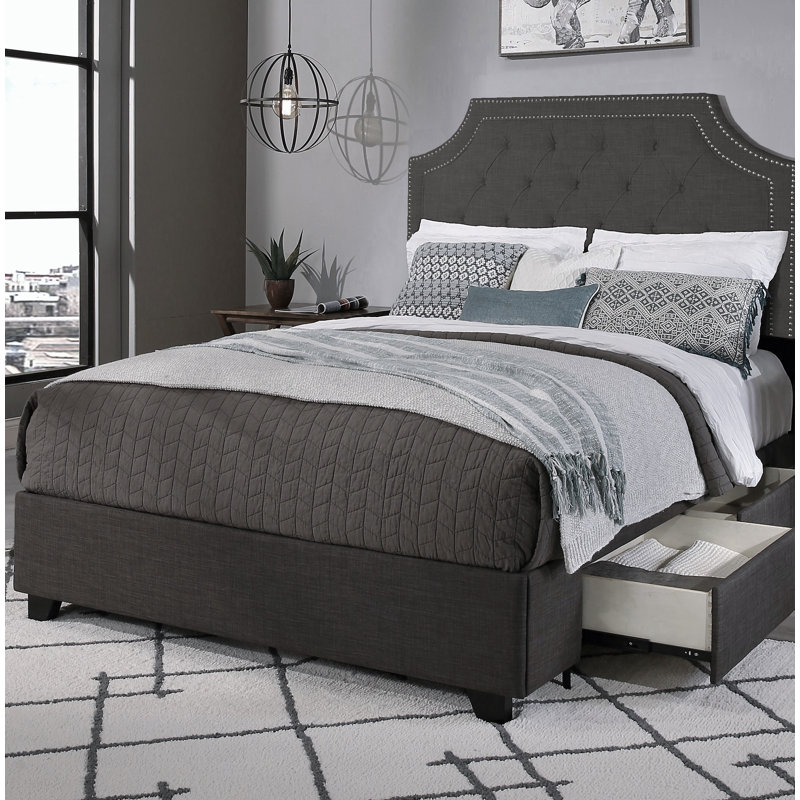 Austan Upholstered Platform Storage Bed and Matching Bench Set, Gray, Queen